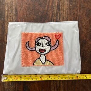 White Zip Pouch with Beaded Art